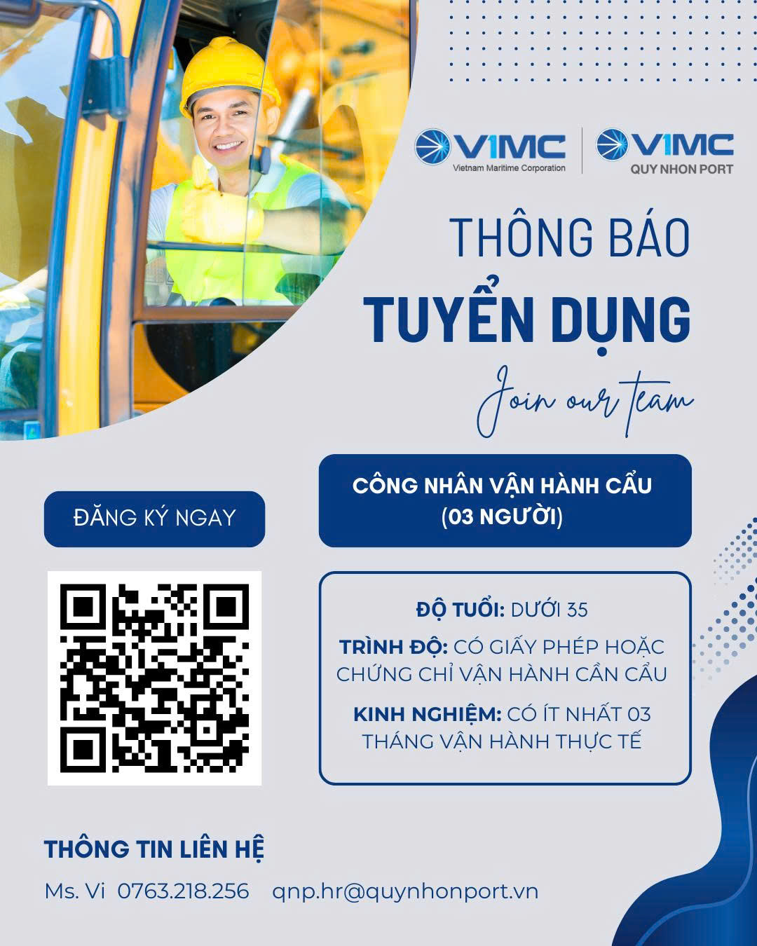 THÔNG BÁO: Về việc gia hạn thời gian nhận hồ sơ vị trí Công nhân Vận hành cẩu -  Tuyển dụng lao động Tháng 01/2026