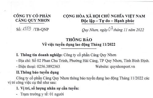 Thông báo tuyển dụng lao động tháng 11/2022